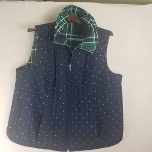 Reversible Quilted Vest Navy ‎ White Star Print Green Plaid Full Zip Women's XL